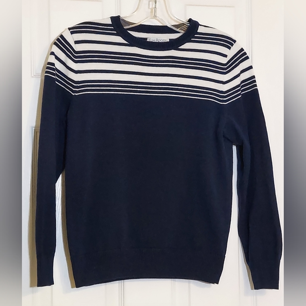 Kim Rogers SP Navy Blue & White Striped Fine Gauge Cotton Crewneck. Lightweight.
